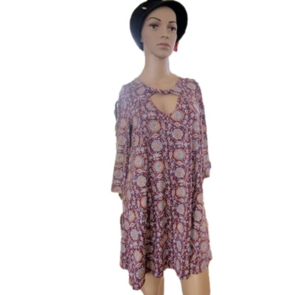 Three Pink Hearts Dress Small Shift Paisley Flowy keyhole Stretchy midi SOFT EUC - Picture 2 of 11